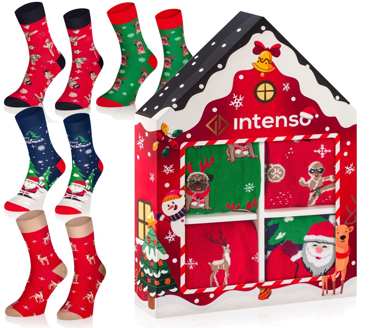 Skarpetki Świąteczne Zestaw Prezentowy w pudełku 4-PAK "Domek" Czerwony