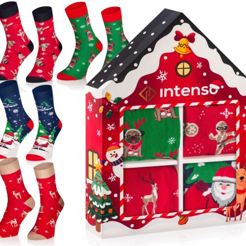 Skarpetki Świąteczne Zestaw Prezentowy w pudełku 4-PAK "Domek" Czerwony