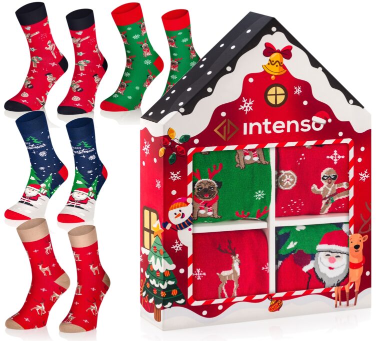 Skarpetki Świąteczne Zestaw Prezentowy w pudełku 4-PAK "Domek" Czerwony