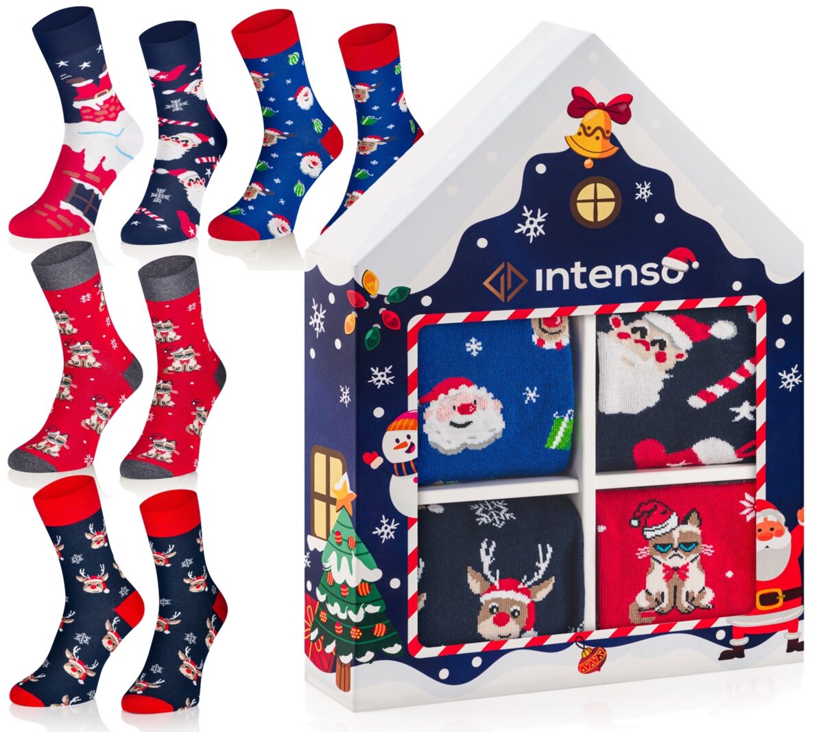 Skarpetki Świąteczne Zestaw Prezentowy w pudełku 4-PAK "Domek" Granatowy