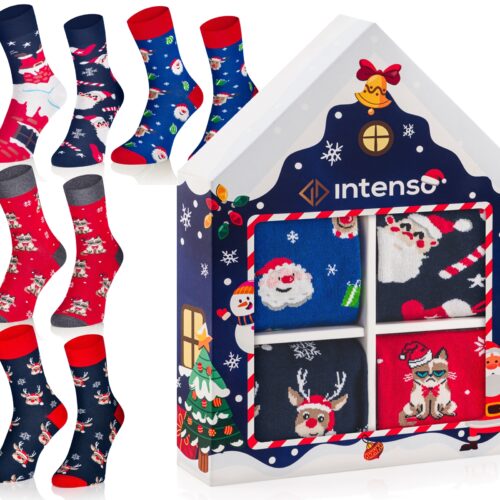Skarpetki Świąteczne Zestaw Prezentowy w pudełku 4-PAK "Domek" Granatowy