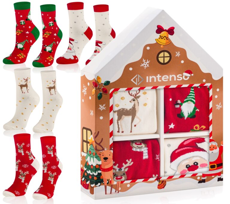 Skarpetki Świąteczne Zestaw Prezentowy Damski w pudełku 4-PAK "Domek" Beżowy