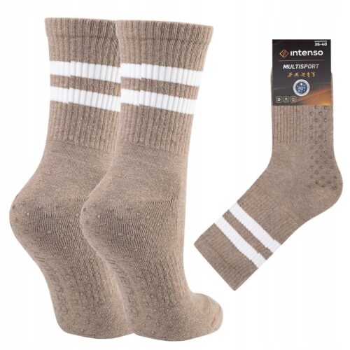 Skarpetki Antypoślizgowe Damskie Bawełniane 1/2 Frotte Beż Melanż - Pilates Fitness