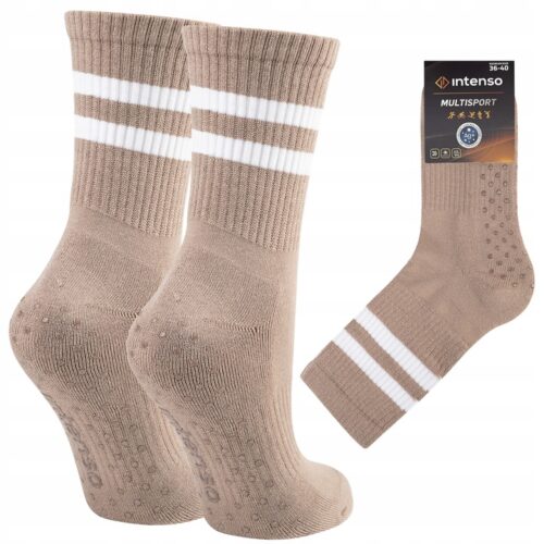 Skarpetki Antypoślizgowe Damskie Bawełniane 1/2 Frotte Beż - Pilates Fitness