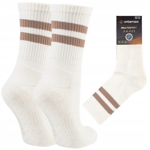 Skarpetki Antypoślizgowe Damskie Bawełniane 1/2 Frotte Ecru - Pilates Fitness