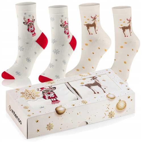 Skarpetki Świąteczne Damskie - Reniferek + Sarenka - 2PAK Zestaw prezentowy