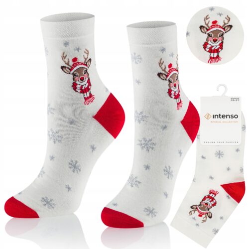 Skarpetki Świąteczne Damskie Reniferek Ecru