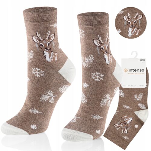Skarpetki Świąteczne Damskie Reniferek Beż